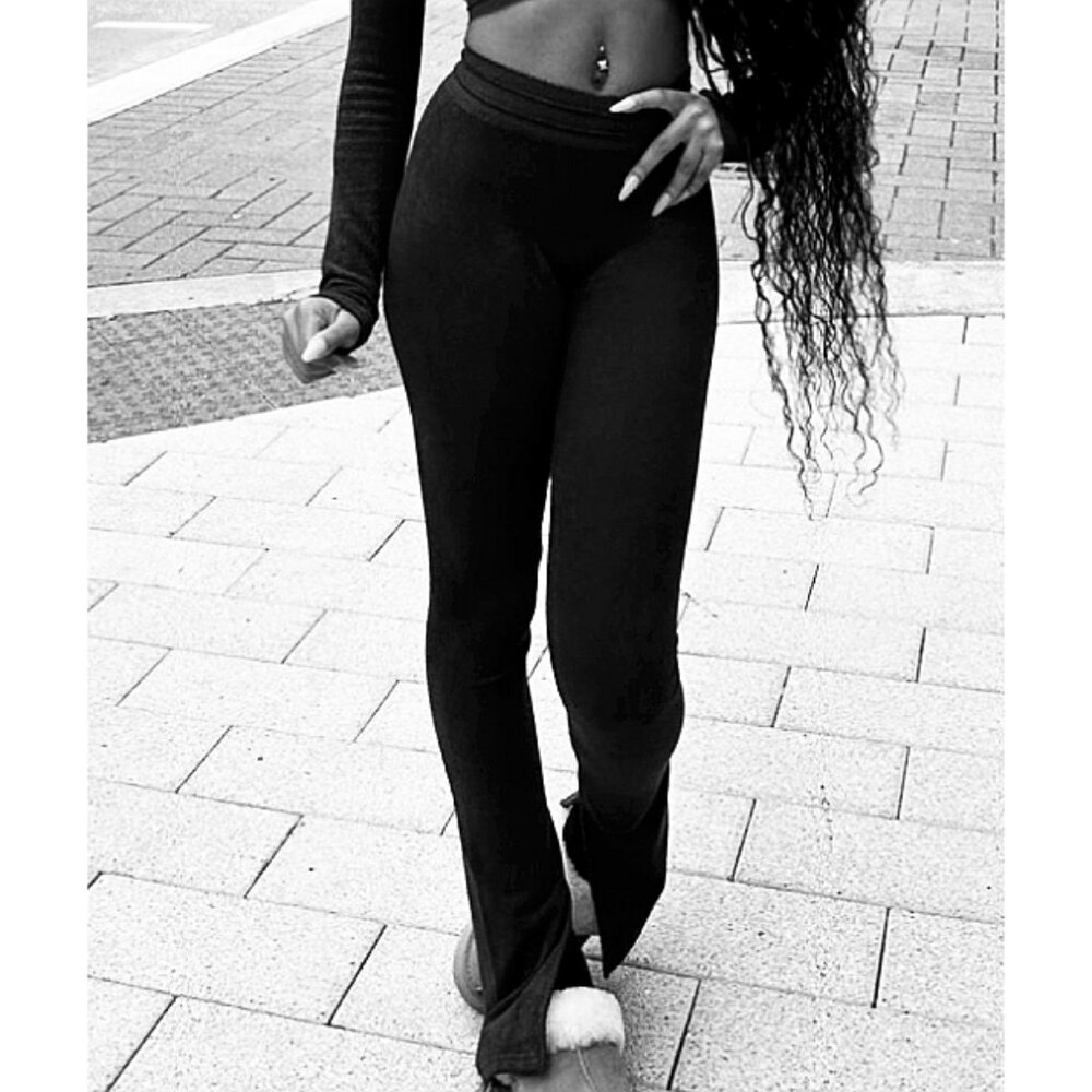 Alo Seamless Luxe Terry High-Waist Cuddle Legging Black Hi-Rise Slit Hem Bootcut - Picture 6 of 13